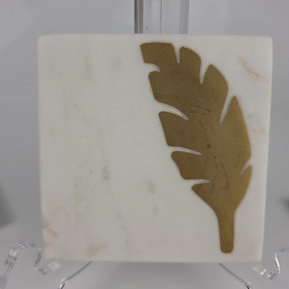 White Marble Coasters Set of 4 Gold Brass Leaf Inlay‎ Square Decor